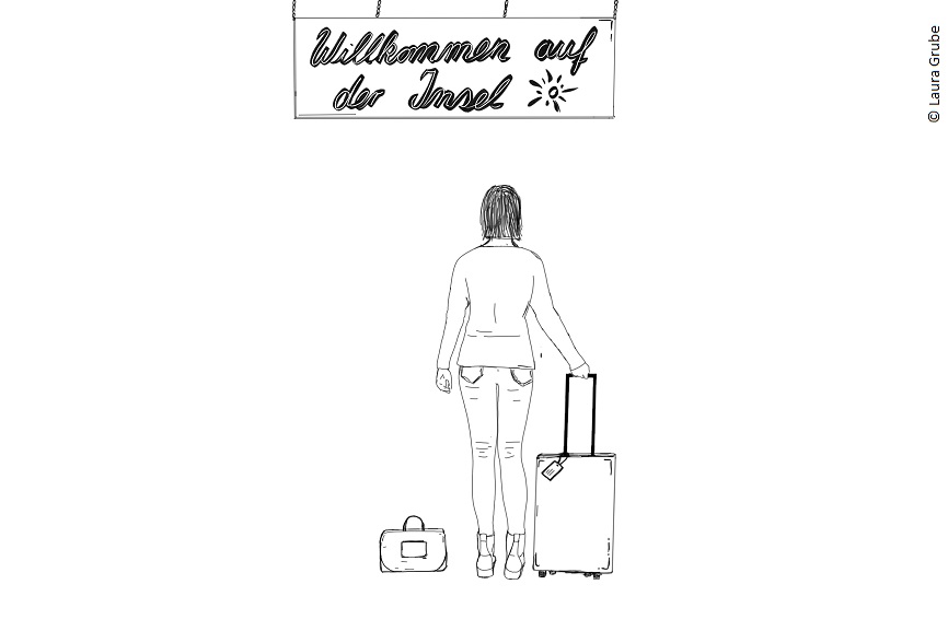 Eine Illustration von Laura,wie sie unter einem Schild steht auf dem geschrieben ist: Willkommen auf der Insel. 